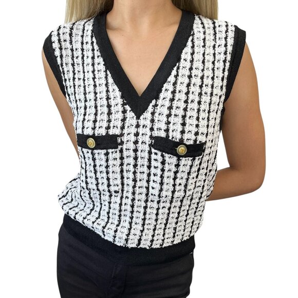 CHANEL Vintage 97P CC Mark Logo Knit Vest Tank Top White Black [105268]
